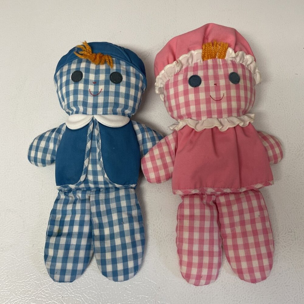 Vtg Fisher Price Lolly Dolly Cholly Rattle Doll Plush Gingham Pink Blue Set 70s